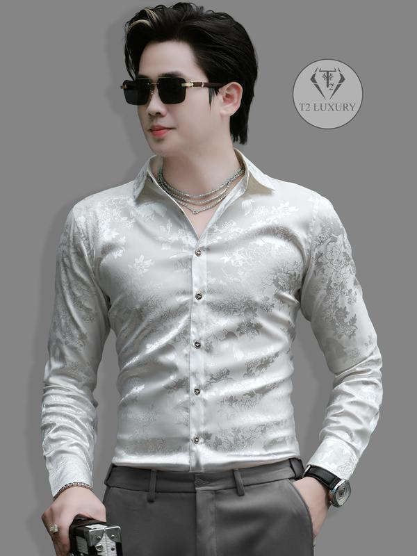 sơ mi nam họa tiết nổi vải gấm dệt kim nổi óng ánh sang trọng Ôm gọn Có hoa Áo Menswear Ong