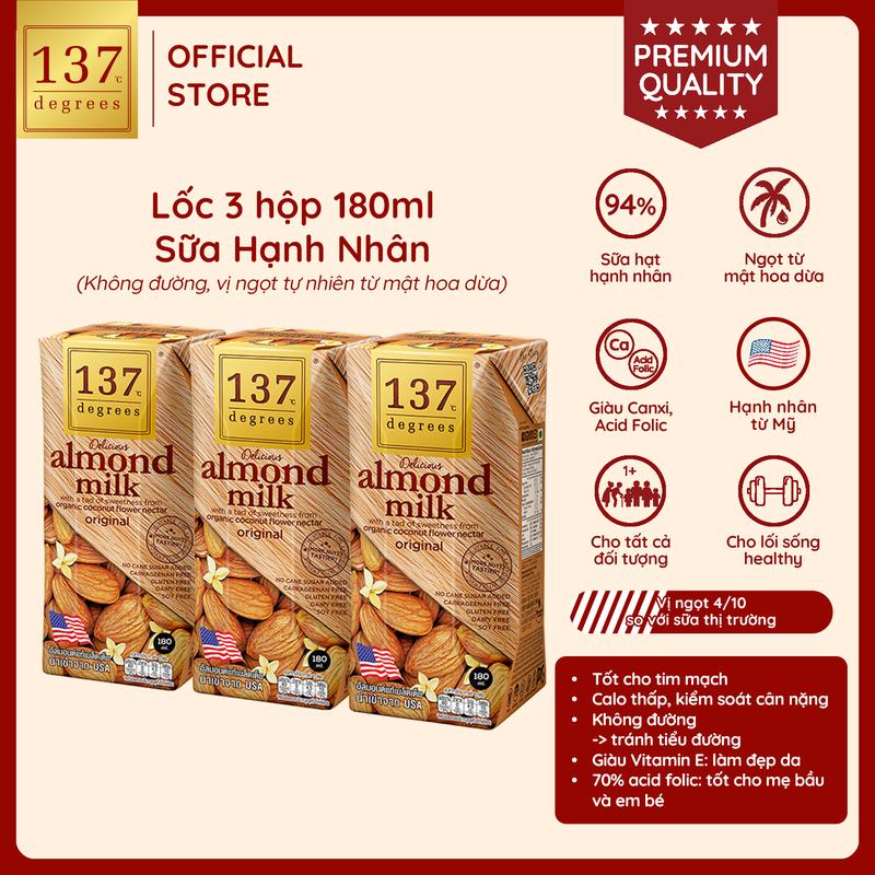 [LỐC 3 HỘP 180ML] Sữa Hạt Hạnh Nhân Nguyên Chất 137 Degrees Nhập Khẩu Thái Lan Dinh Dưỡng Healthy