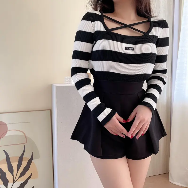 MODAMYTH BT001 - Atasan Knit Lengan Panjang Wanita Korean Style Top Rajut Stripes Knitwear 0