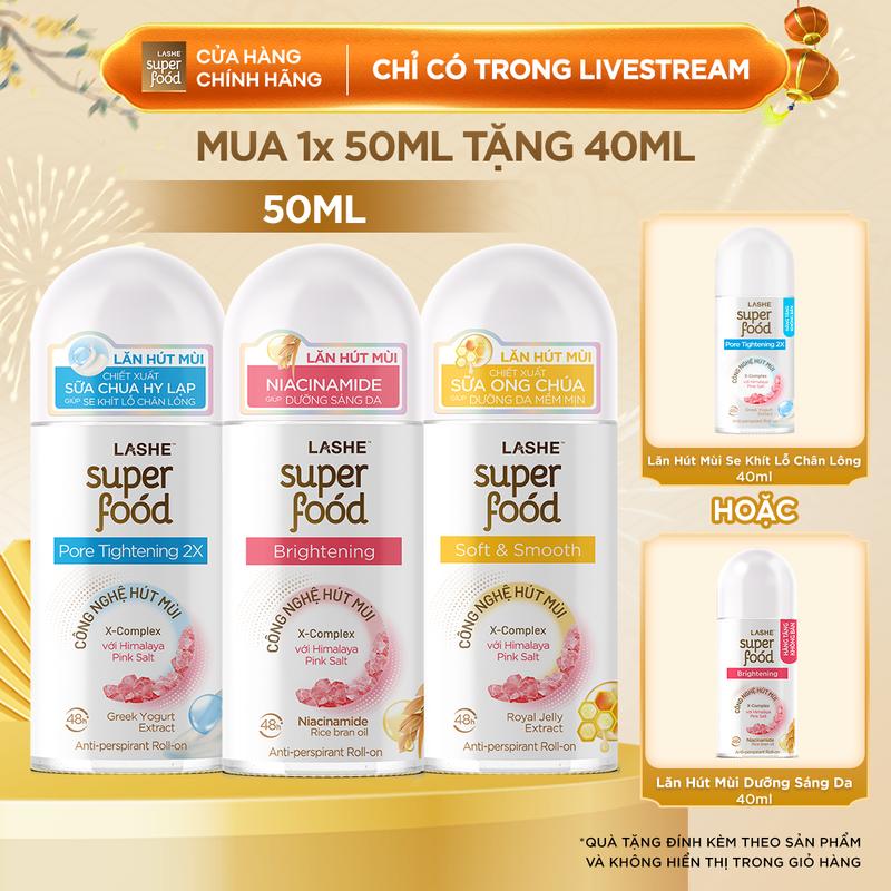 Lăn Hút Mùi LASHE SUPERFOOD 50ML + Tặng Lăn Hút Mùi Dưỡng Sáng Da Se Khít Lỗ Chân Lông 40ML 40ML