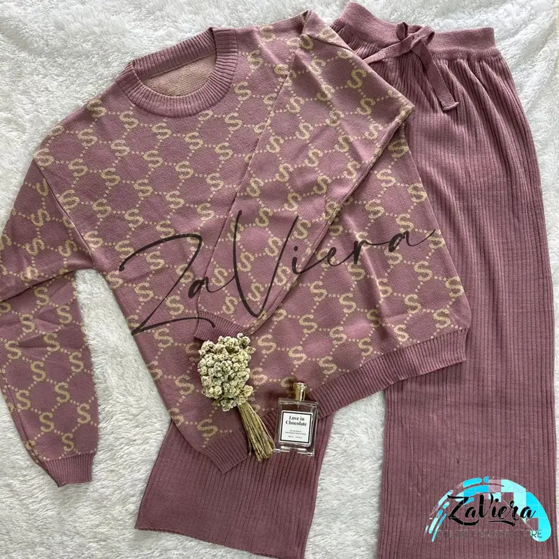 ZF - One Set Sally Oversize Atasan Model Tunik Bawahan Rajut Premium Fit Wanita Motif Huruf S Baju Cantik oneset kekinian setelan 4