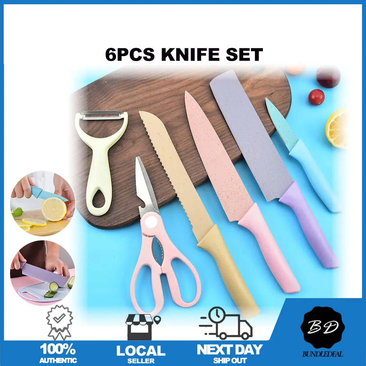 [SG] 6pcs Ceramic Kitchen Knife Set/ Stainless Steel Anti-Rust Knife Scissors Cleaver Breadknife Peeler/ Corrugated Set