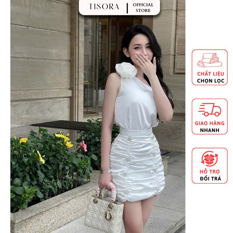 (Xả kho) Sét bộ dự tiệc sang chảnh áo lệch vai đính hoa + Chân váy ôm đính đá Nữ Top Women - Lụa cao cấp có lớp lót - Trắng, Đen - Size S, M, L, XL Dress