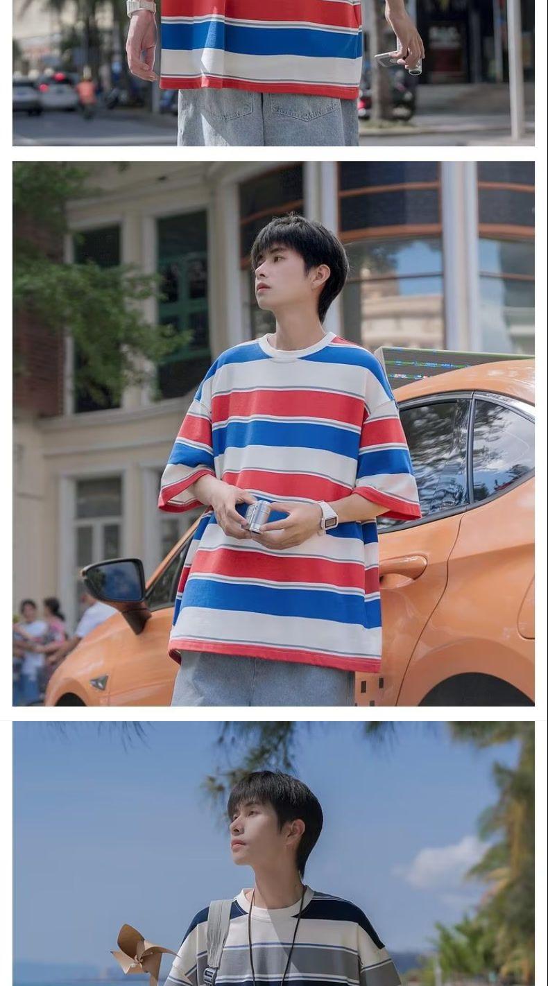 Product Introduction of 2024 Striped T-shirt Men's Short Sleeve Summer Fashion Brand Japanese College Style Loose Men's Half Sleeve T-shirt Menswear Top 4