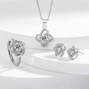 Phát sóng trực tiếp phiên bản phổ biến của Hàn Quốc Bông tai cỏ bốn lá khảm zircon thủ công Bộ nhẫn vòng cổ bông tai cỏ ba lá xoay