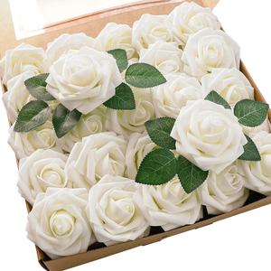 Rosa artificial, 25 piezas por caja; rosas falsas de espuma color marfil con tallos que parecen reales; ramilletes DIY para bodas; centros de mesa y arreglos para fiesta de baby shower; decoraciones para mesas de fiesta; frutas.