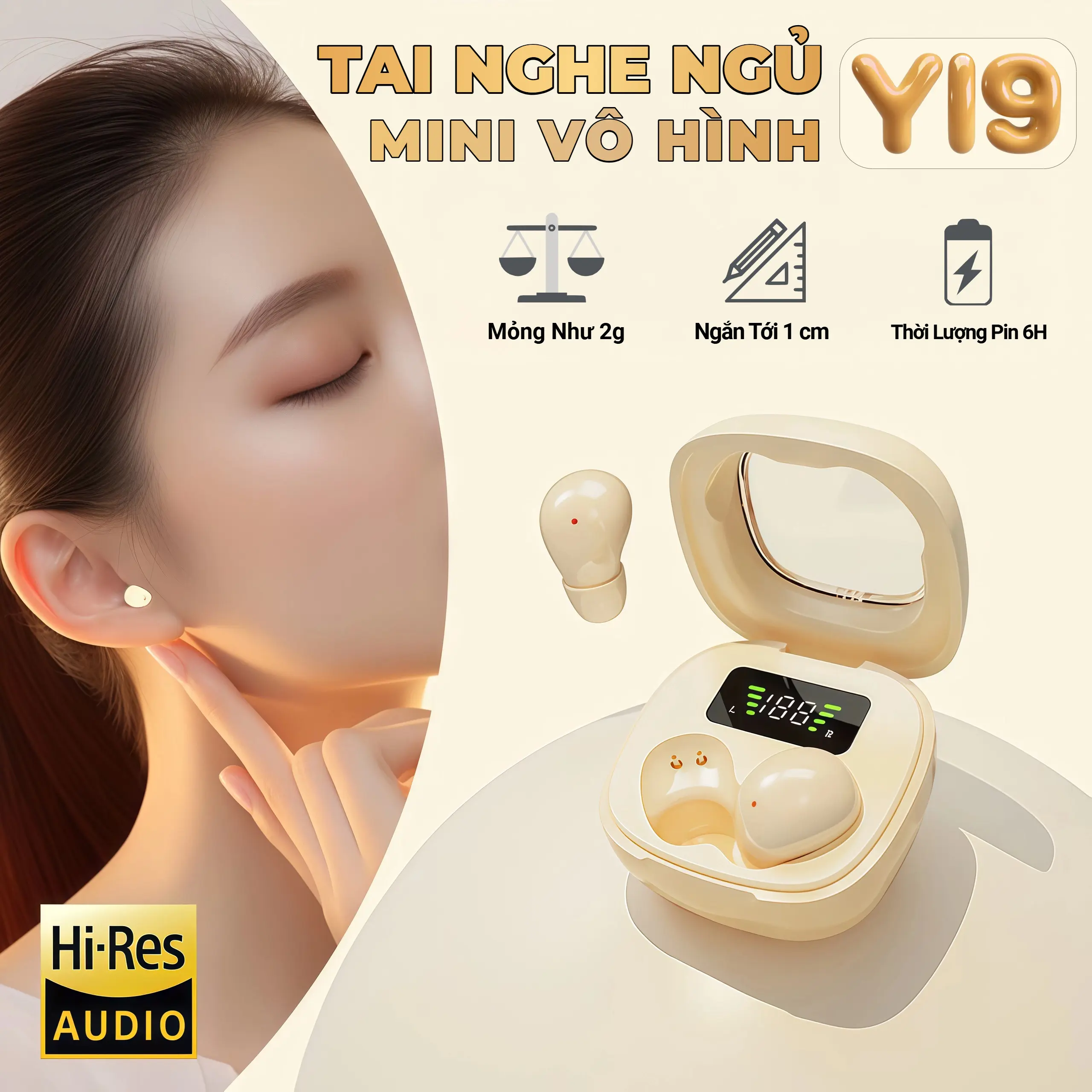 Y19 Tai nghe ngủ nhỏ nhất [3 Quà tặng] 1 Nhãn dán hoạt hình+1 Bao tay chơi game+1 Dây buộc,  Âm thanh stereo chuẩn HiFi, Siêu nhẹ và siêu mỏng, Thiết kế ẩn khi đeo, Chống nước iPX5, Giảm ồn ENC, Màn hình hiển thị số, Tương thích iPhone và Android.