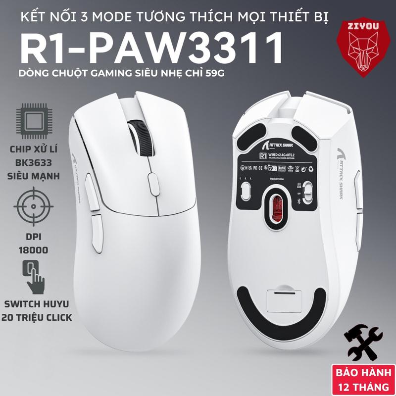 Chuột Không Dây Ziyou Attack Shark R1 Siêu Nhẹ Chip Paw3311 Cực Mạnh, 3 Chế Độ Kết Nối, App Gaming thiết kế đẹp