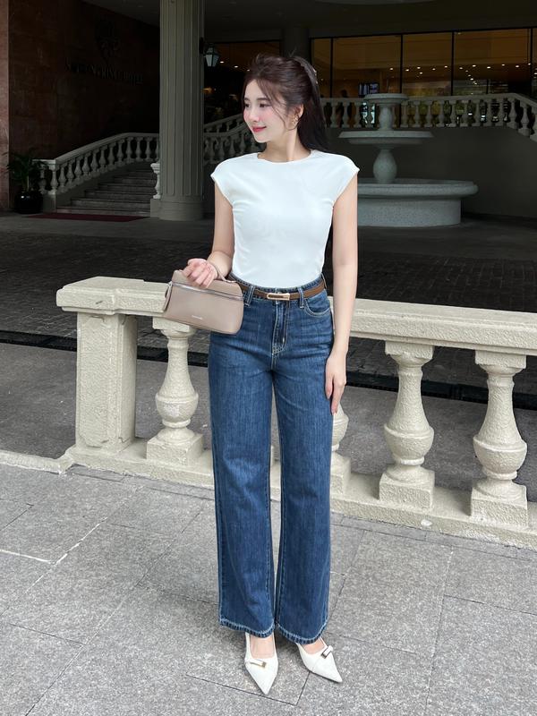 REDE Quần DENIM Nữ Cạp Cao Ống Suông Hack Dáng Màu Xanh Đậm Wash Ria Mèo Vải Xược Thời trang LD-03 Women Lưng Cao Pants Jean Ong