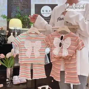 [Enchanted Princess] Setelan musim panas anak perempuananak-anak baru bergaris lengan pendek versi Korea, bayimusim panas pita setelan dua potong Katun Parsel Cewek