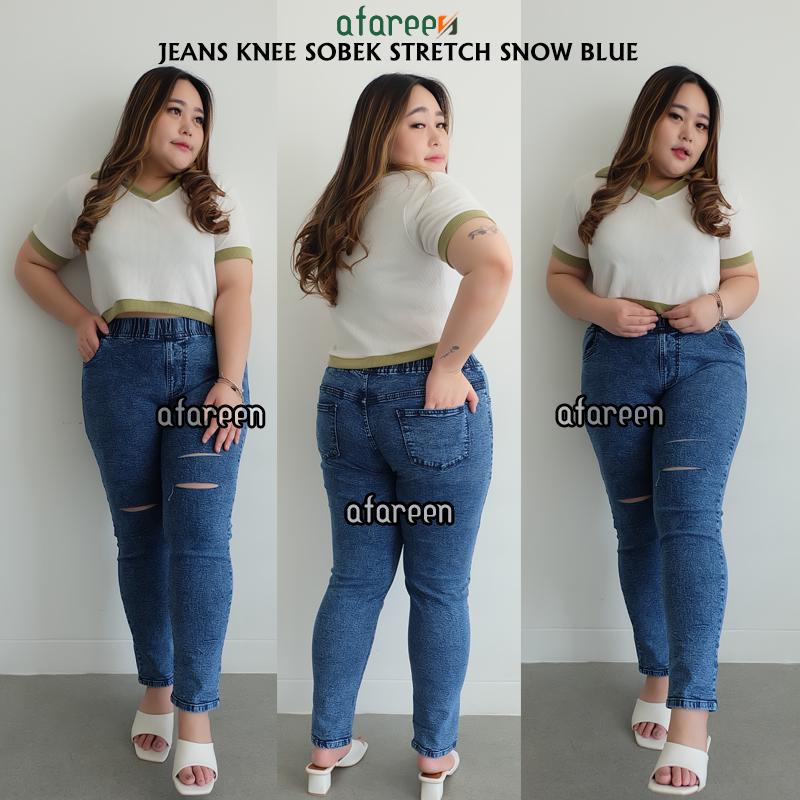 Afareen - Jeans Pinggang Karet Jumbo Ripped Celana Jeans Sobek Wanita Knee Legging Jeans Jumbo Size 31-43 9
