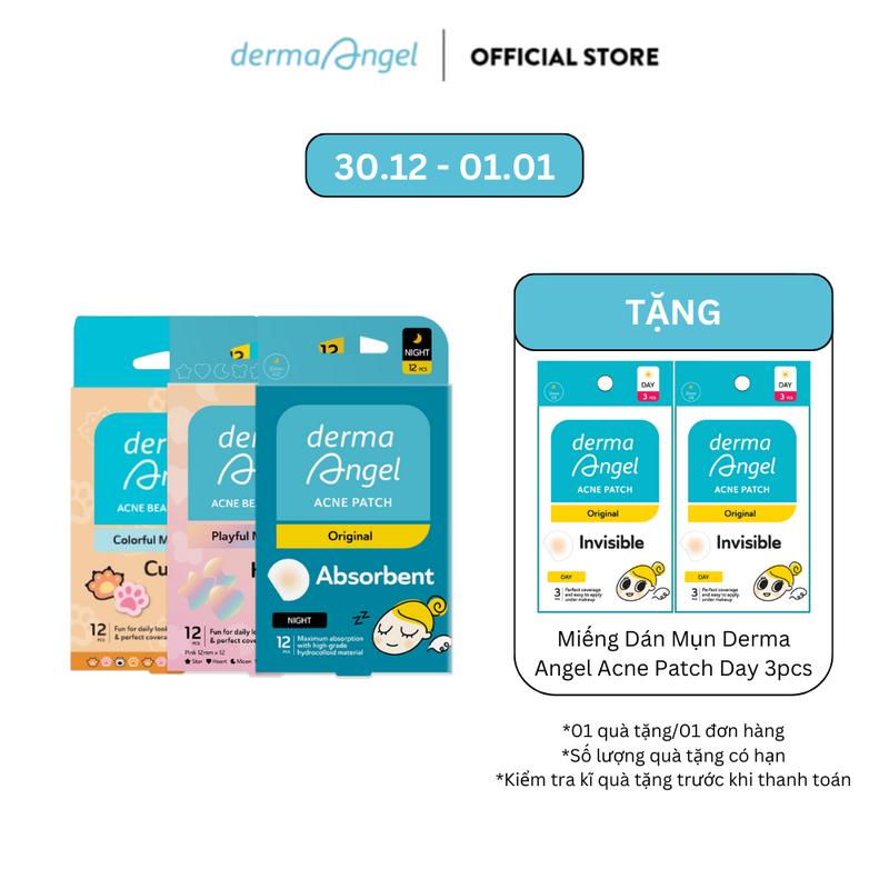  Combo Miếng Dán Mụn Vui Nhộn Derma Angel Acne Beauty Patch - Cute Paws 12 & Perfect Coverage 12 & Night 12 