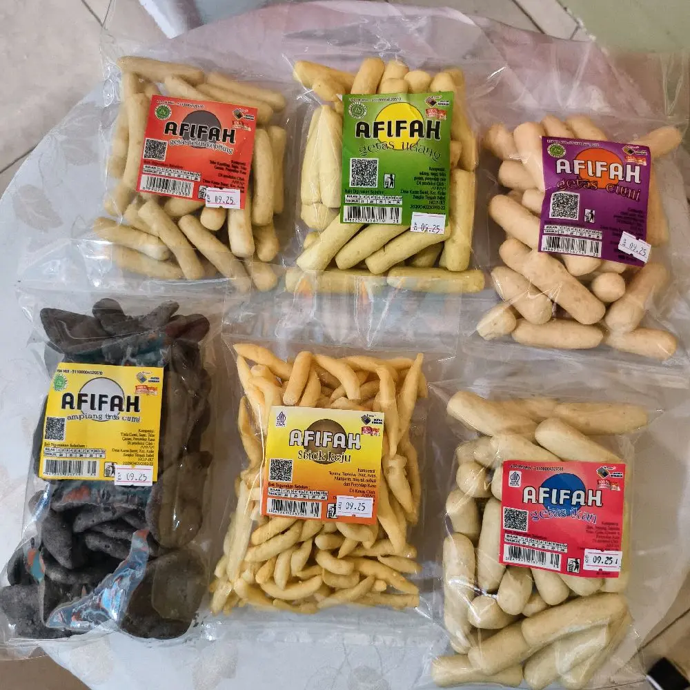 GETAS IKAN, GETAS CUMI, GETAS UDANG, GETAS KEPITING, STIK KEJU, AMPIANG TINTA CUMI,  KASAN 80 GRAM 6 PCS