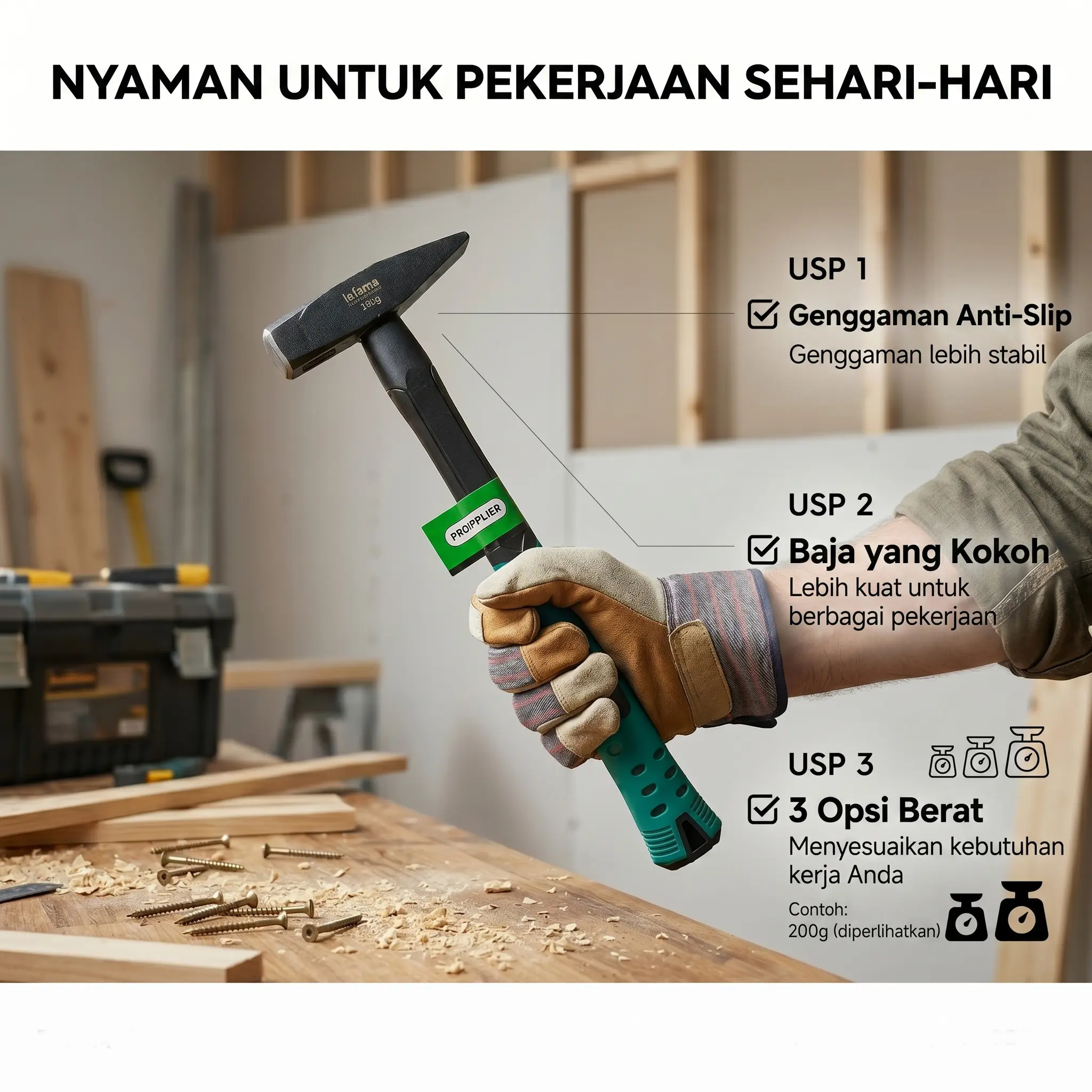 Lafma Palu Tukang Gagang Fiber 100 200 300 Gram Bahan Besi baja Full Pegangan Karet Nyaman palu ringan palu kecil palu tukang kaca palu furniture murah berkualitas