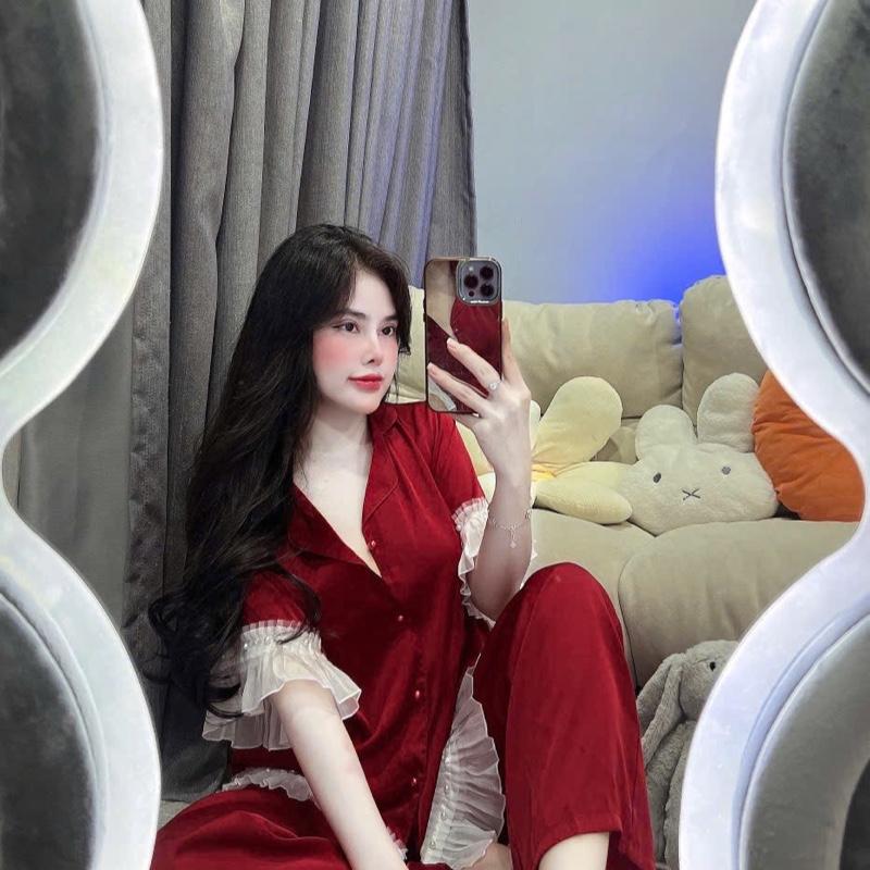 Đồ Bộ Ngủ Nữ Chất Lụa Latin Mềm Mịn Tay Ngắn Phối Ren Free size 40 - 60kg