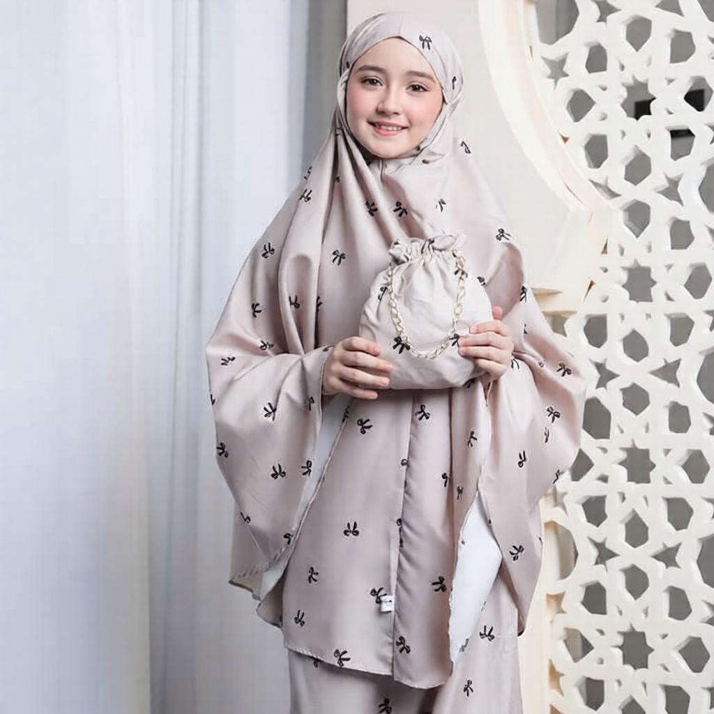 Mukena Anak Motif Pita Usia 5 6 7 8 9 10 11 12 tahun tas Traveling (PAUD TK SD)