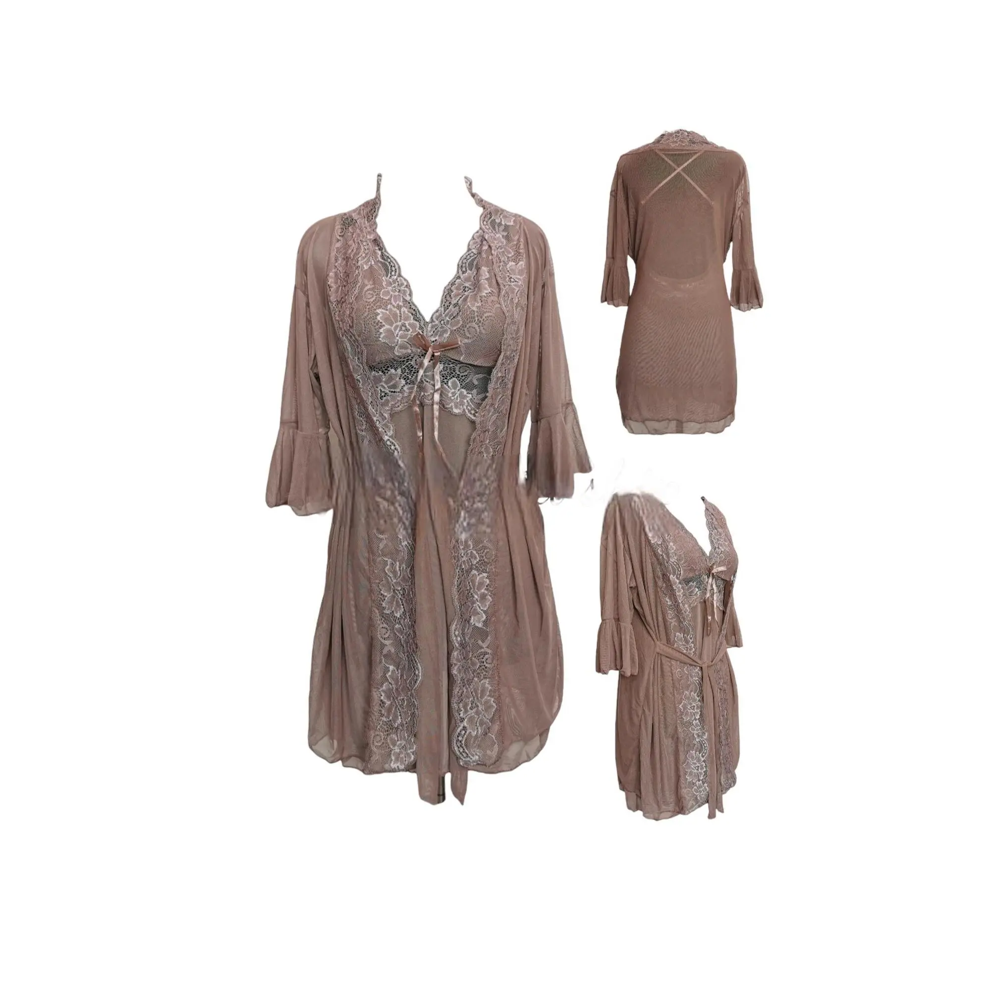 [ Racun Lingerie ] Lingerie Kimono Sleeve 3/4 3IN1 Lace Renda Flower Bunga Back Strap Cross Elegant With Pita Best Seller Sifon Transparan Halus Lembut KK31
