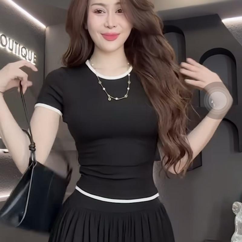  D38 Set Áo Cổ Tròn Viền Phối Váy Xoè Lưng Bảng To Tôn Dáng  Váy 2 túi 2 Bên Tiện Lợi 