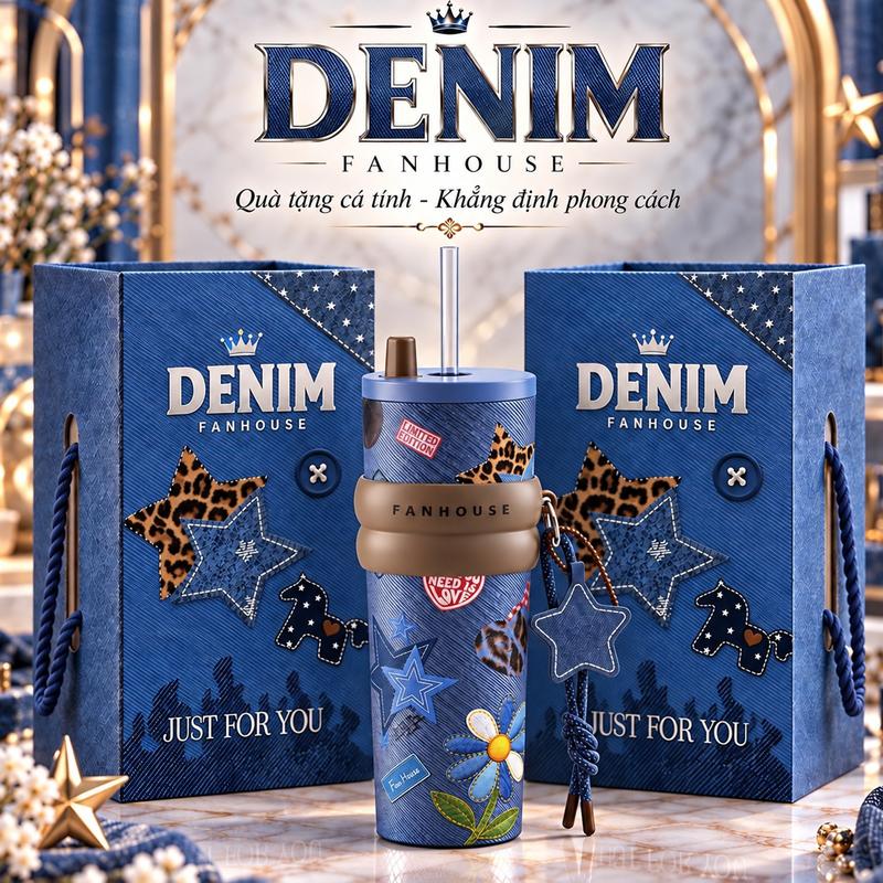 [9k Fanhouse x vinhbanhbo] Ly giữ nhiệt DENIM inox 316L Phủ Sứ dung tích 710ml, Fan House ly nước giữ nhiệt DENIM tặng charm sao