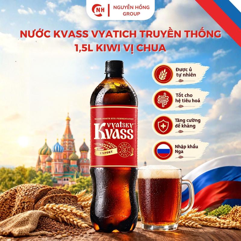 Nước Kvass Vyatich truyền thống 1,5L Nhập Khẩu Từ Nga đặc sản thơm ngon Kiwi Vị Chua