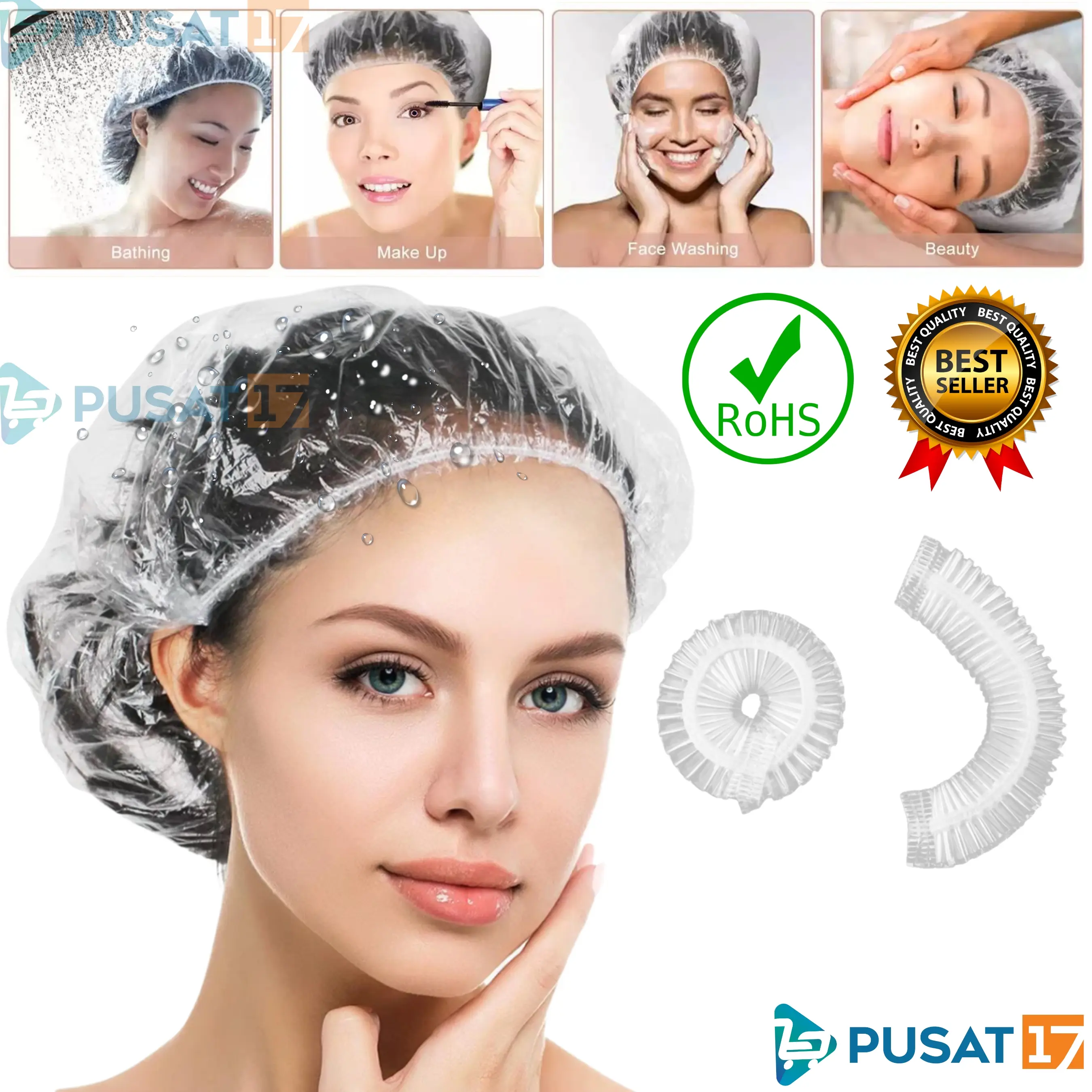 PUSAT17 PENUTUP RAMBUT KEPALA PLASTIK MANDI PELINDUNG CAT RAMBUT / HAIR CAP SHOWER NURSE CAP TRANSPARAN