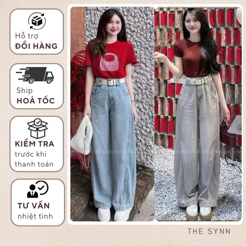  QJ13  S - XXL 102-104cm  Quần Jeans Nữ Ống Rộng Lưng Cao Trơn 2 Màu Xám Và Xanh Nhạt Phối Dọc Ống Phong Cách Vintage 