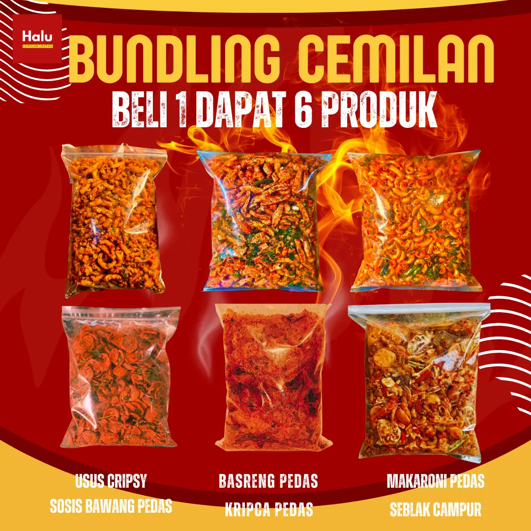 Beli 1 Dapat 6 Cemilan Usus Ayam crispy, Makaroni, Basreng, Sosis Bawang, Kripca, Seblak Campur Berat 100 Per Kemasan