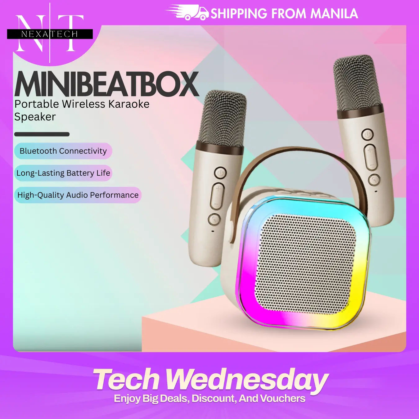 NEXATECH  MiniBeatBox Portable Karaoke Speaker - Bluetooth Connectivity, Built-in Microphone, LED Lights, and Long-lasting Battery Smartphone Audio. Digital Cable Digital Cable Colorful Wireless