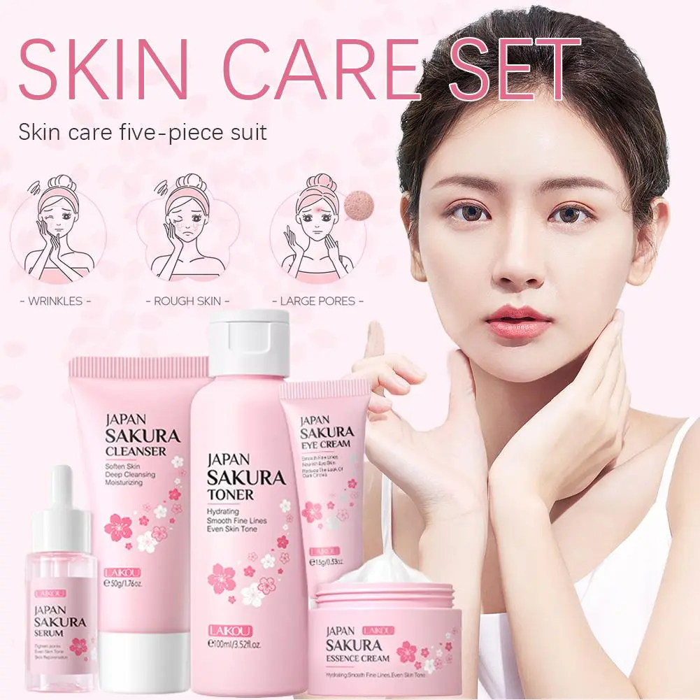 5pcs Gift Box Cherry Blossom Sakura Skin Care Set Collagen Eye Cream Serum Facial Cleanser Toner Facial Cream Beauty Makeup