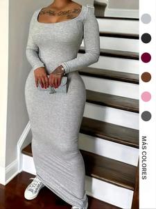 Vestido ajustado liso de cuello redondo para mujer, vestido largo casual de manga larga para otoño e invierno, ropa de mujer para uso diario
