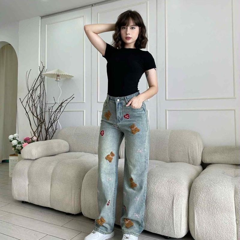 XẢ KHO Quần Jean Ống Suông Nữ Thêu Gấu Chần Bông Vải Mềm Mịn XANH JEANS