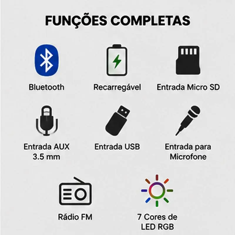 Caixa de Som Bluetooth Portátil 50W com LED RGB