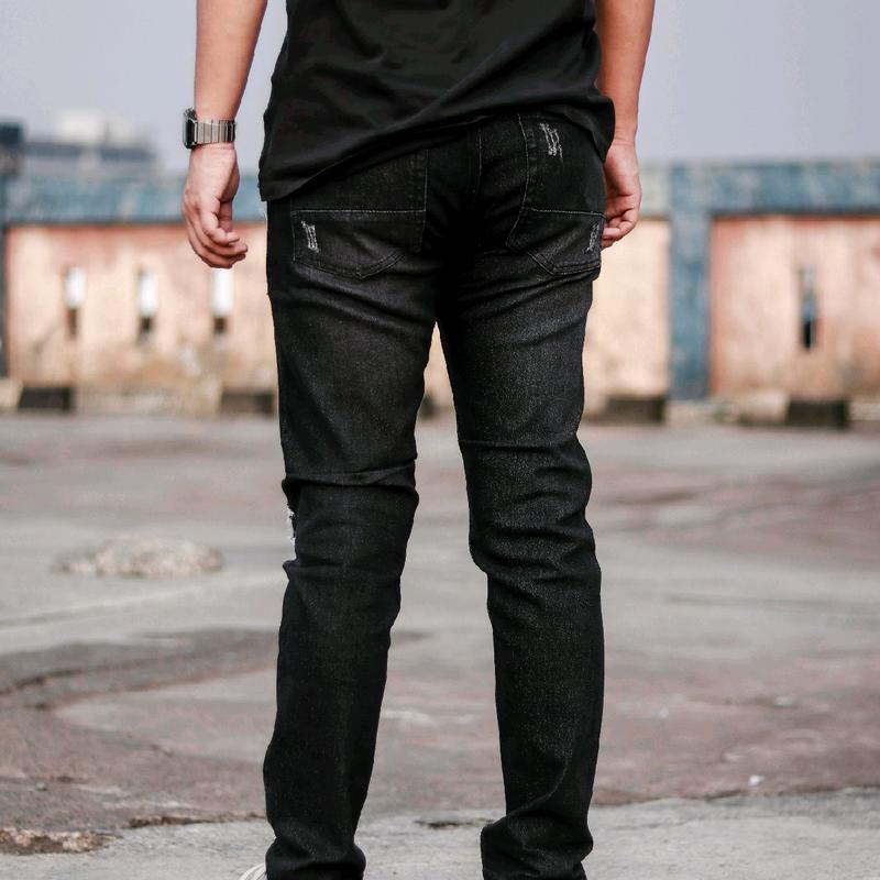 Celana jeans sobek pria black Panther XO21 / celana jeans panjang pria sobek Denim Slim Ripped Hitam Nyaman Slimfit Skinny Stretch Melar 4