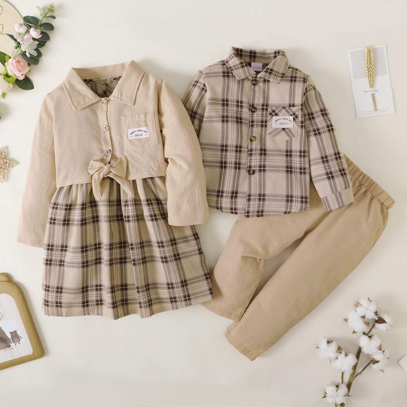 Product Introduction of Baby Brother And Sister Matching Outfits, Plaid Floral Sleeveless Dress And Small Jacket+Boys Plaid Shirt Top And Pants Set 2Pcs 46