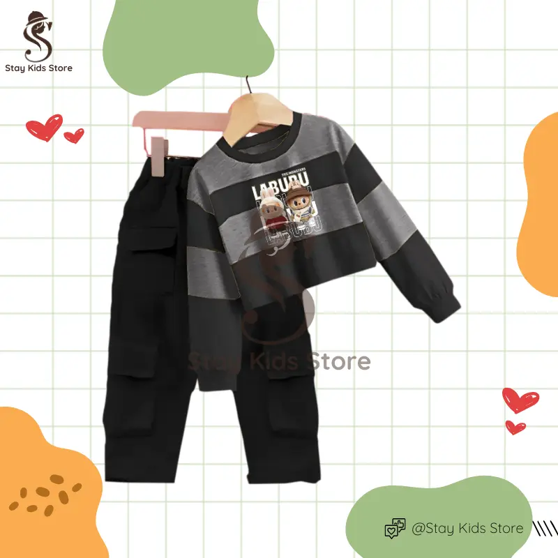 Baju Labubu Anak Perempuan 3-12 Tahun Viral 2025, Kaos oblong salur Bahan BabyTerry, Nyaman dan Gaya untuk Aktivitas Sehari-hari | Stelan baju anak viral | Pakaian anak lucu motif bergaris kekinian | Fashion anak trendy | Otfit labubu celana cargo modis