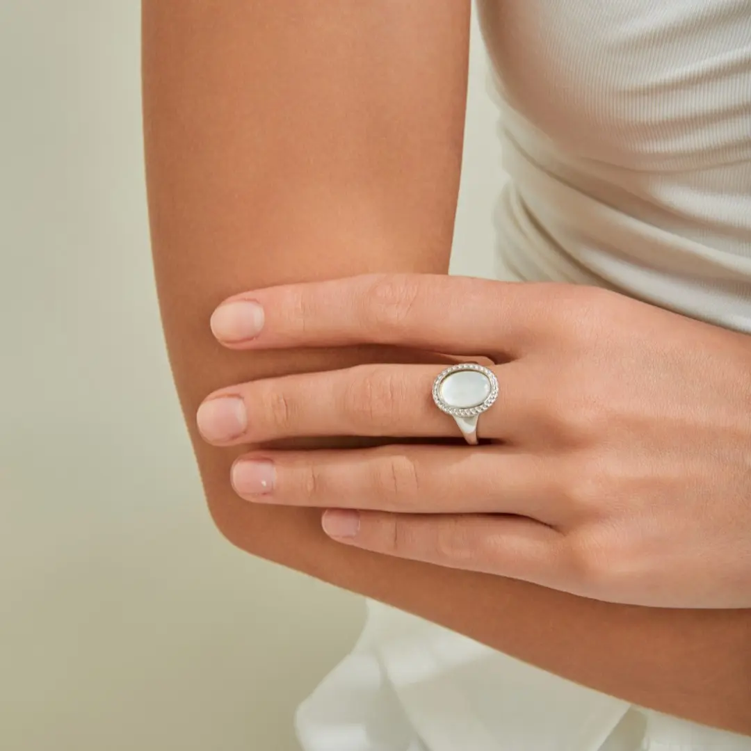 S925 Silver Vintage Gold Mother-of-Pearl Ring