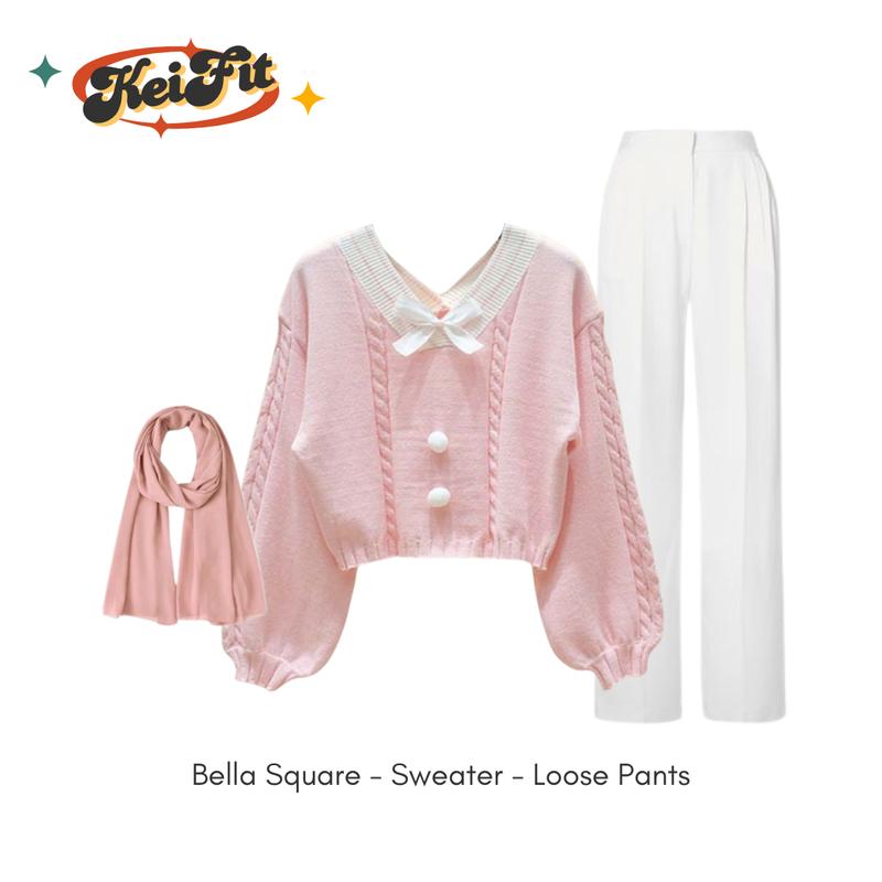 Krisan Setelan 3in1 Set Wanita Ala Korean Style Bella Square Sweater Pink Celana Panjang Loose Putih One Set Lengkap 0