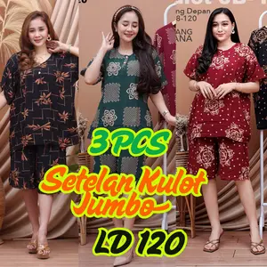 Setelan Kulot Baju Tidur Jumbo LD 120 Bahan Rayon Halus Nyaman Busui Saku Celana Paket 3 PCS Motif Campur Cantik Kancing