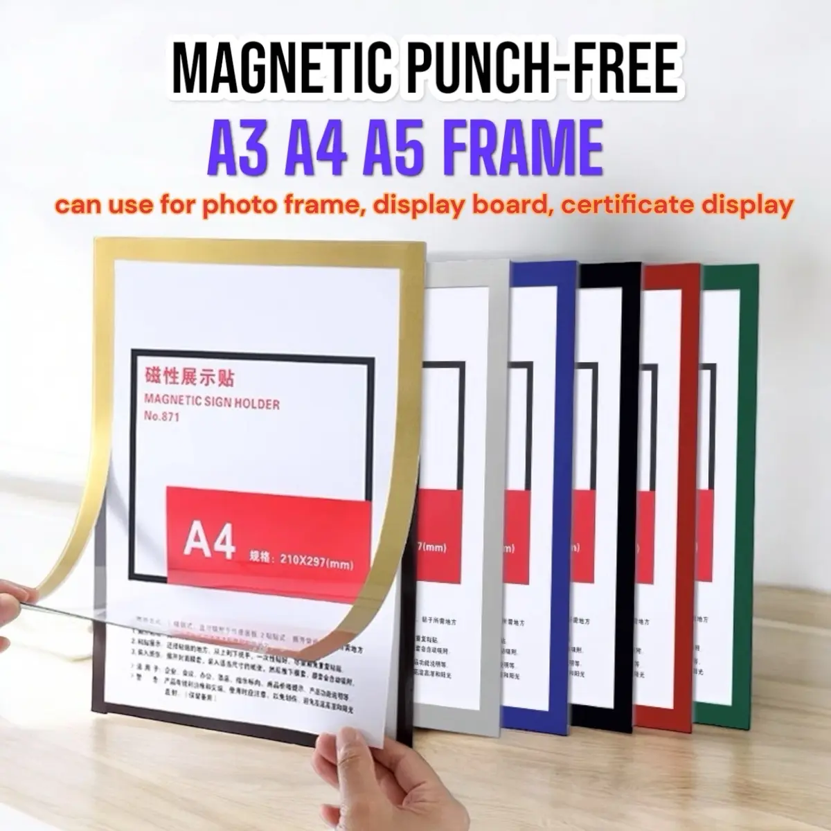 Magnetic Photo Frame A3/A4/A5 Display Board Wall Stick Certificate Office Adhesive Wall Frame Gambar