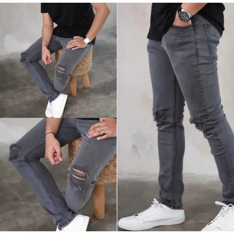 Celana Jeans sobek robek Ripped Abu pria model Slim fit premium 0