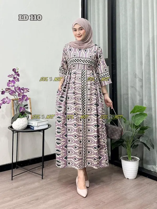 Baju Muslim Wanita Model Chibi Jumbo Busui Friendly dengan Tali Pinggang - Motif Kekinian - Casual Dress Nyaman Panjang Tebal Rayon Gamis Etnik Belah Samping 6