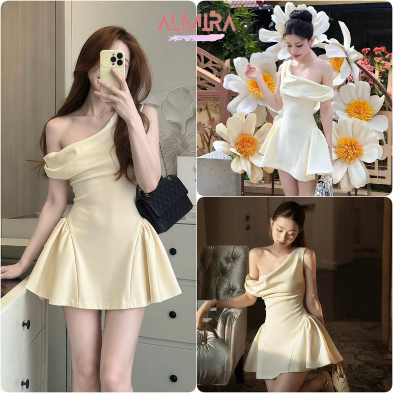 Váy Dự Tiệc Lệch Vai Dáng Xoè Phồng Chất Kaki Ép Hàn 2 Lớp Almira Store