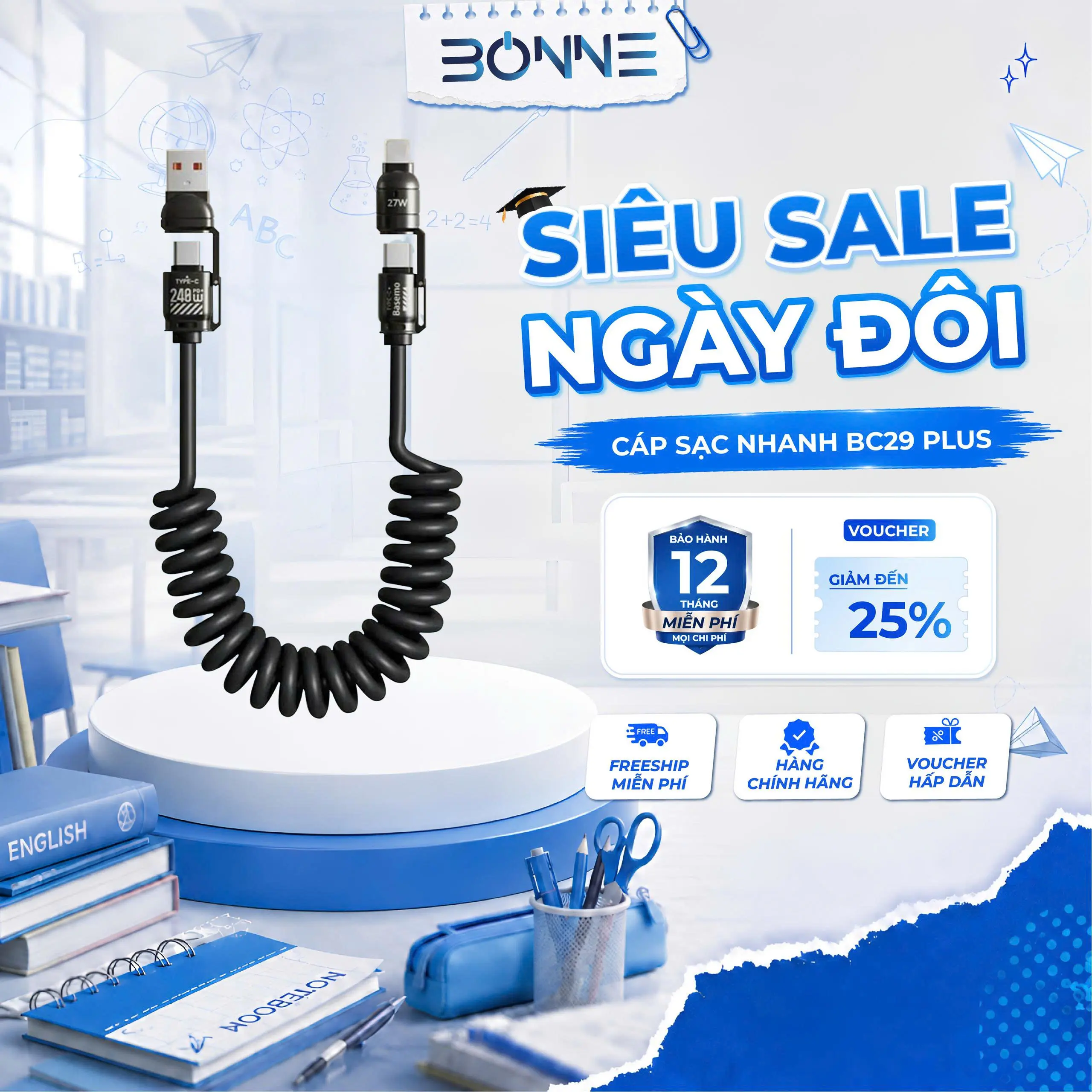 Cáp Sạc Lò Xo Đa Năng BC29 PLUS Sạc Nhanh 240W  by Bonne TECHNOLOGIQUE, Cáp Sạc Nhanh 4 IN 1 Chống Rối, Sạc Nhanh 240W Bảo Hành 12 Tháng Chính Hãng[phụ kiện, phone, sạc điện thoại]