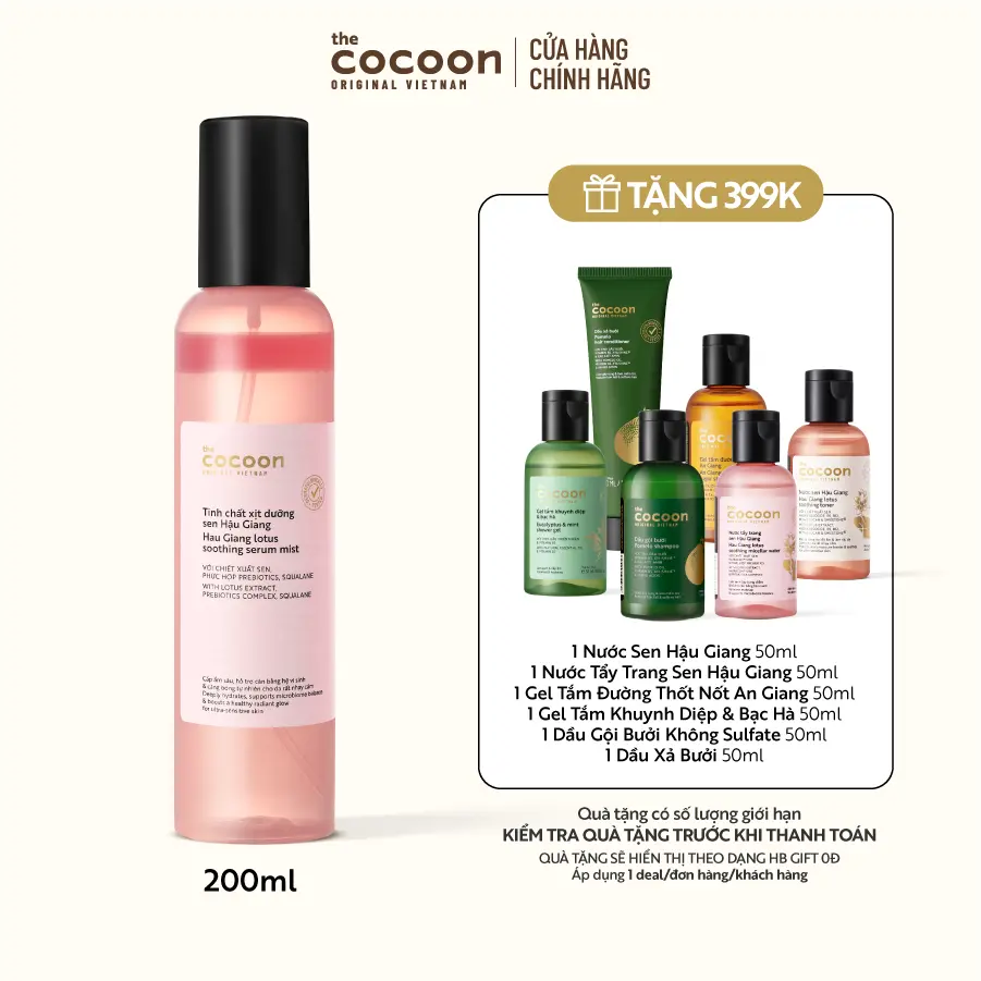 Ảnh đại diện Tinh chất xịt dưỡng sen Hậu Giang giúp cấp ẩm sâu cân bằng hệ vi sinh & căng bóng tự nhiên cho da rất nhạy cảm Cocoon 200ml