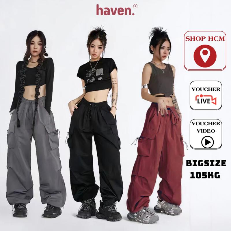 Quần túi hộp Haven Studio nam nữ chất kaki form thụng phong cách streetstyle dancer bigsize Pants Thun quan hack trắng Women Đen
