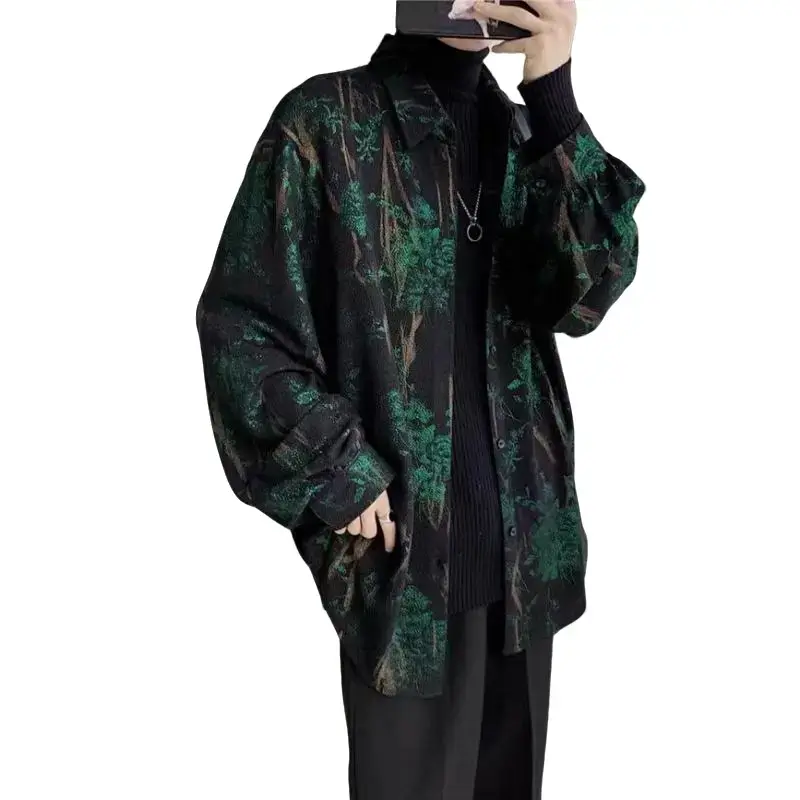 Korean Fashion Long Sleeve Men Streetwear All-match Handsome Stylish Teens Shirt Spring Retro Temperament Hawaiian Men's Shirts
