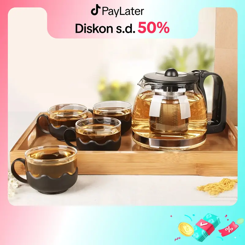 MINISO Set Teh Sederhana 5pcs Teh Ketel Kaca Teapot dengan 4pcs Gelas 1 Teapot Set 700ml Cangkir Stainless Steel Glass Teko 7