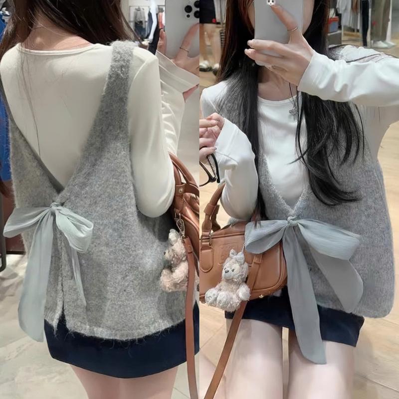 HÀNG QC Áo len kiểu nữ AL710 chất lông thỏ dáng gile buộc nơ tiểu thư cách điệu thu đông Hàn Quốc Kozoda