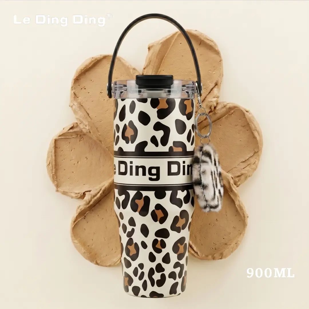 LeDingDing-Tumbler Thermos SUS316 Stainless Portable Botol 900ML dengan Desain Houndstooth dan Tali Gantung