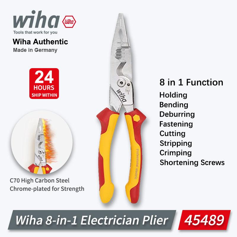 Wiha รุ่น 45489 คีมช่างไฟฟ้าอเนกประสงค์ 8‑in‑1 พร้อมฉนวน 1000V VDE ในตัว รวมฟังก์ชันปอกสาย พับงอ กดย
